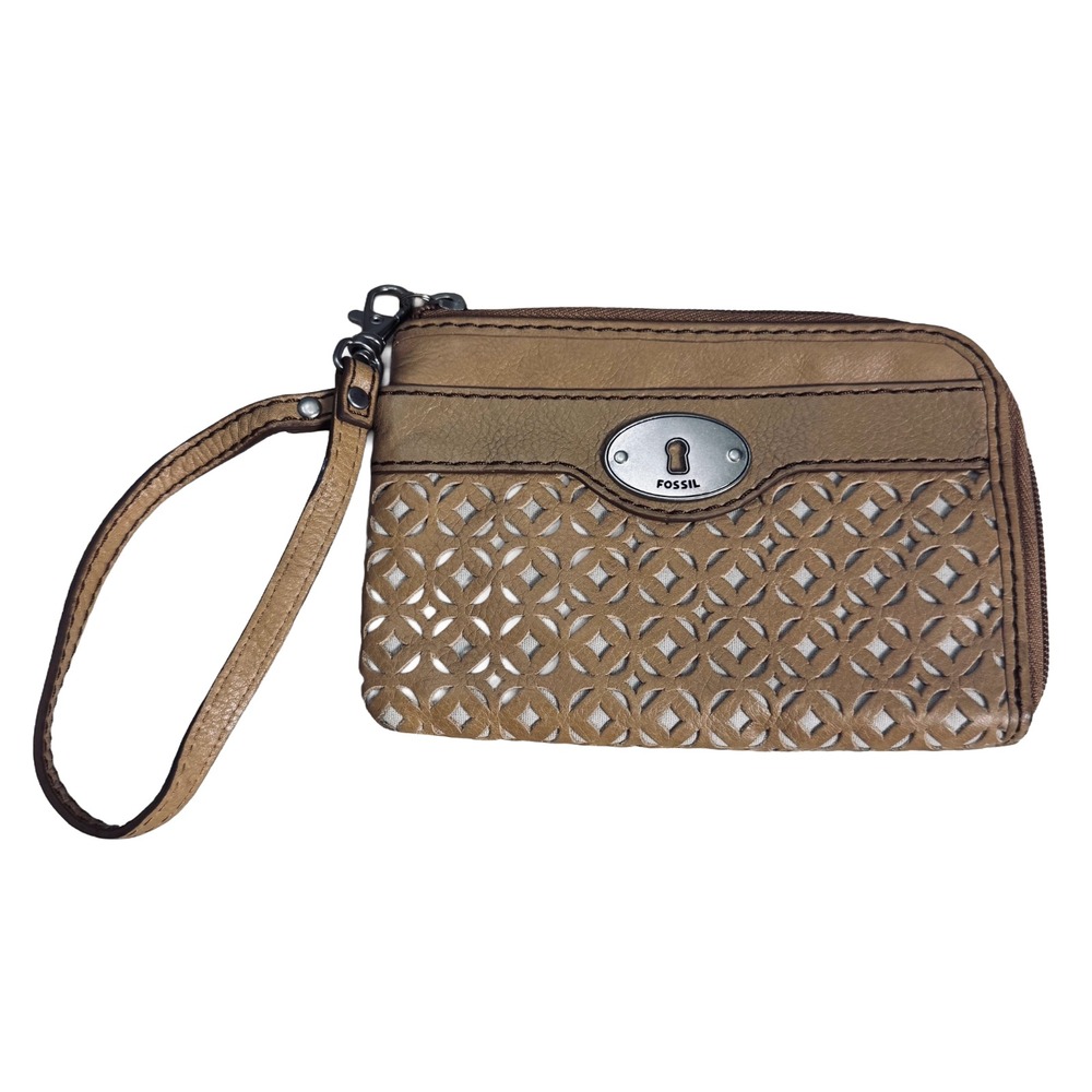 Fossil Tan Genuine Leather Laser Cut Zip Around Wristlet Wallet Clutch Organizer